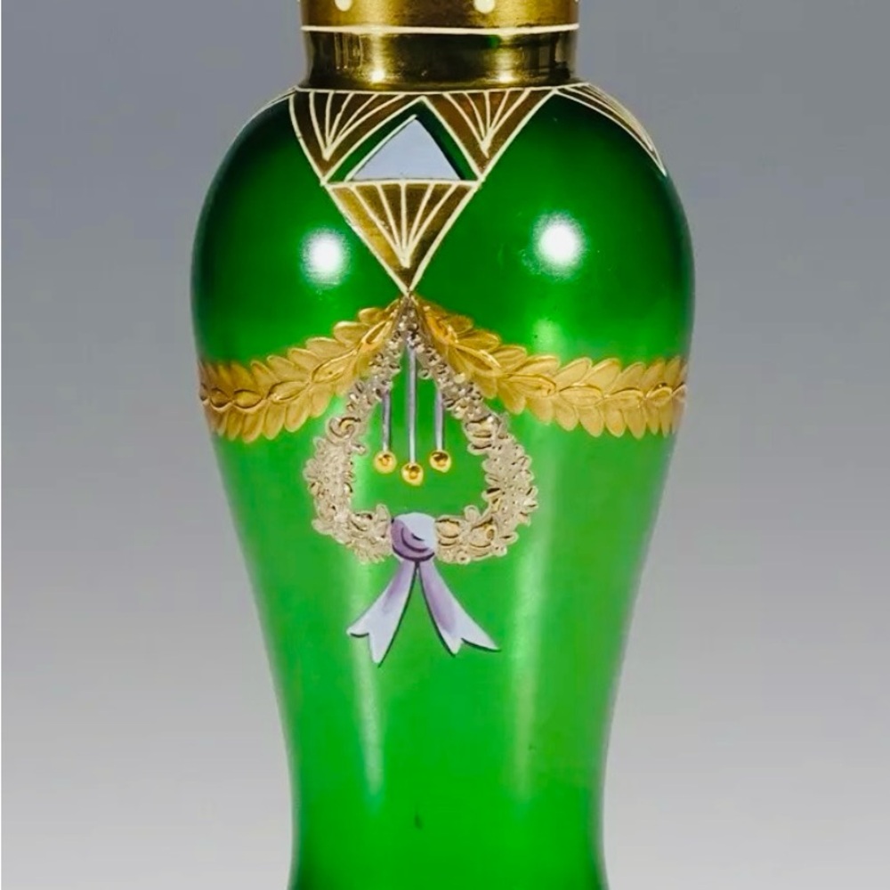 Museum Quality Antique Bohemian JOSEF RIEDEL GREEN SATIN VASE WITH FLORAL ENAMEL